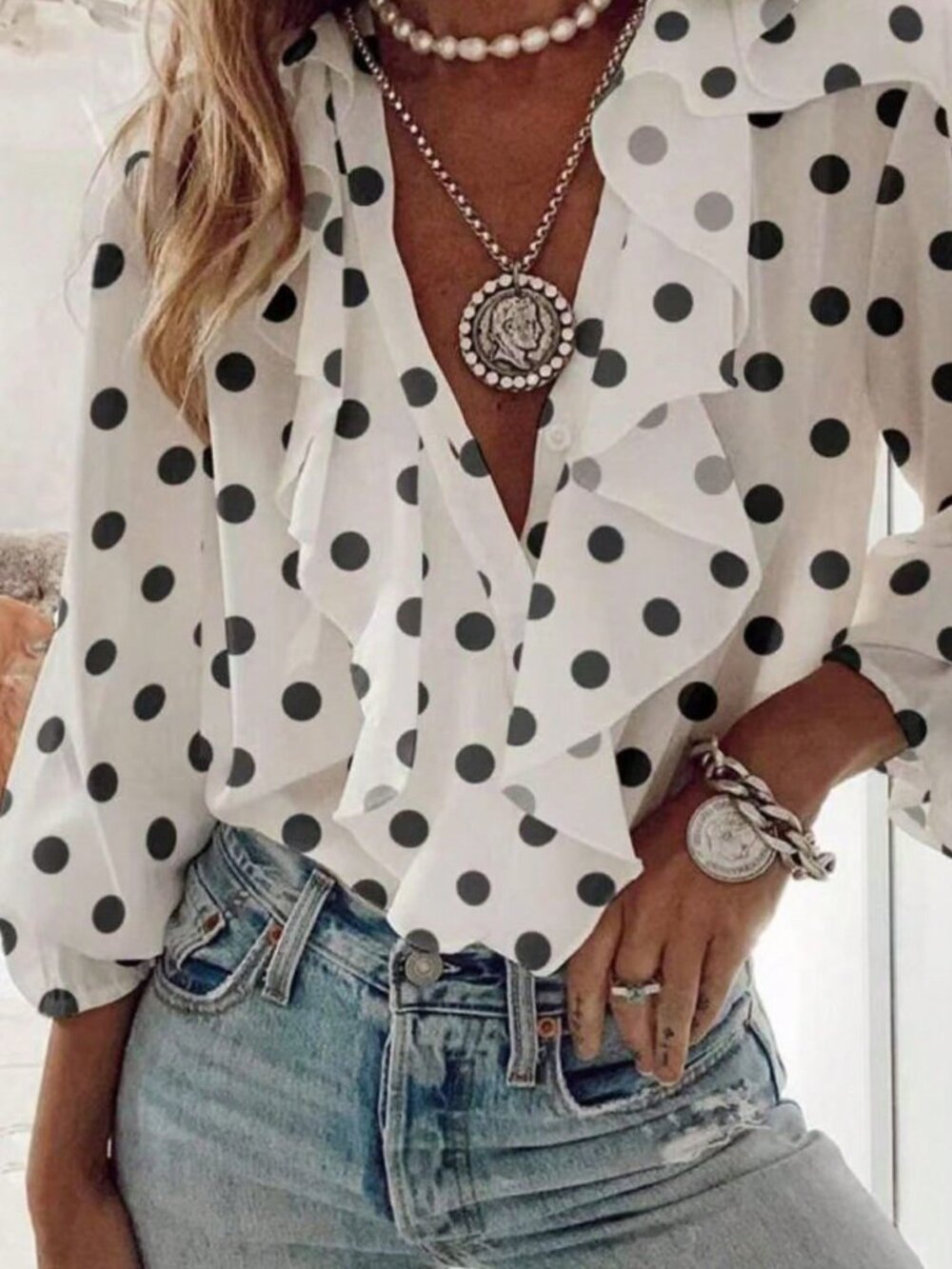 White Casual Women's Polka Dot Romantic Elegant Blouse Vacation
